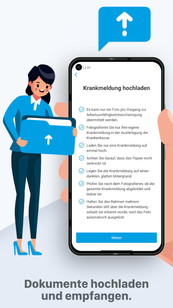 Ein Screen der IKK Südwest-App, auf dem der Funktionsumfang zu sehen ist.