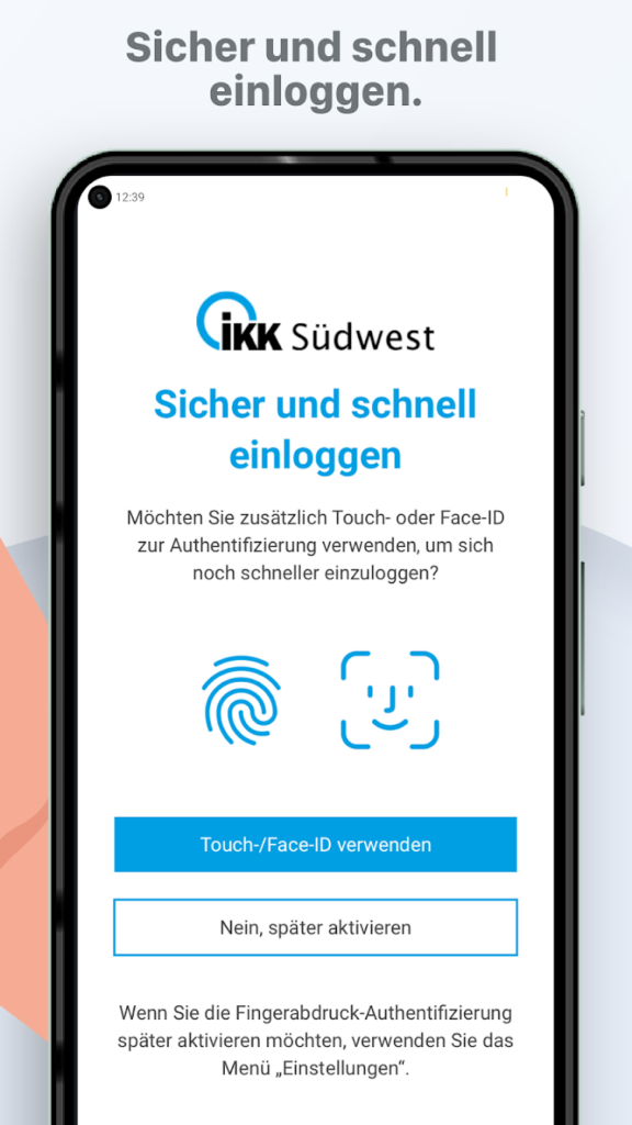 Ein Screen der IKK Südwest-App, auf dem der Funktionsumfang zu sehen ist.