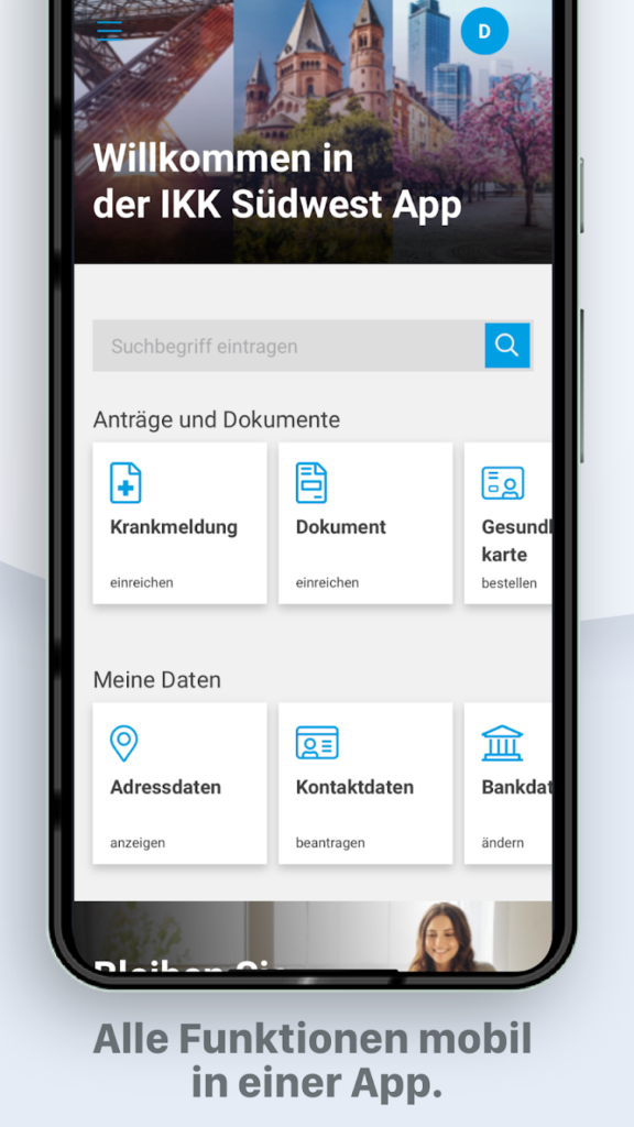 Ein Screen der IKK Südwest-App, auf dem der Funktionsumfang zu sehen ist.