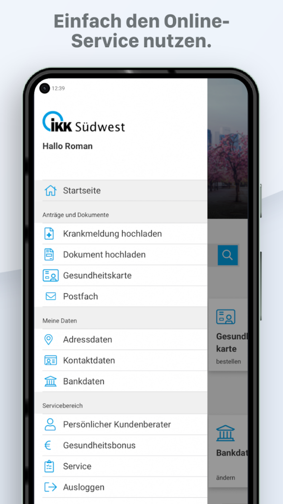 Ein Screen der IKK Südwest-App, auf dem der Funktionsumfang zu sehen ist.