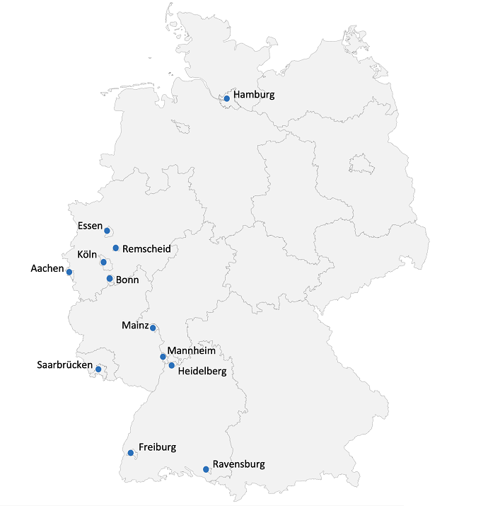 Karte von Deutschland, auf der die teilnehmenden Kliniken von Home Base aufgezeichnet sind