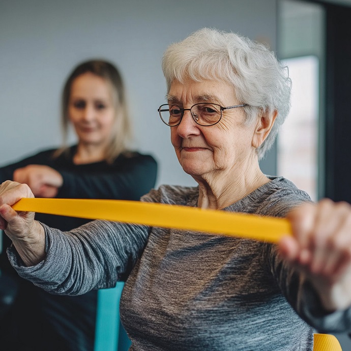 Eine ältere Frau wird von einer Physiotherapeutin dazu angeleitet, ein Theraband auseinander zu ziehen